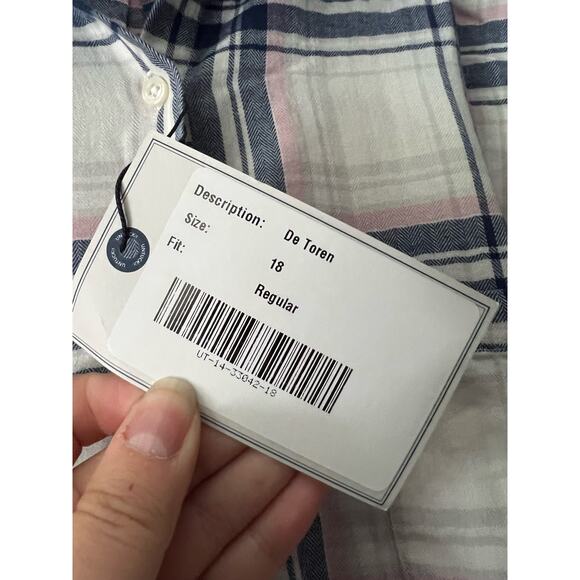 NWT Untuckit Womens De Toren Flannel Plaid Button Up Shirt White Pink Blue SZ 18 - Picture 6 of 13